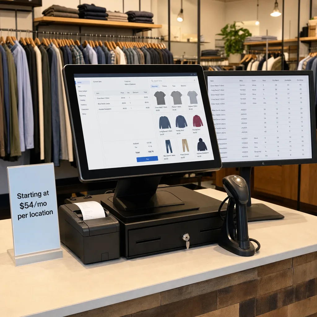 The image shows a retail store setup with a PHP-based point of sale (POS) system. On the counter are a touchscreen monitor displaying the PHP POS logo and tagline 'The Online Point of Sale Solution', a receipt printer with a printed sales receipt, a cash drawer, and a barcode scanner. Behind the monitor, a second screen displays detailed stock levels for various clothing items including item names, SKUs, quantities in stock, and status indicators such as 'In Stock', 'Low Stock', and 'Out of Stock' for a store located downtown. Additionally, a small sign on the counter indicates the software's starting monthly price per location. The background includes racks of hanging clothes and folded garments, suggesting a clothing retail environment. This setup demonstrates the use of a digital POS system integrated with inventory management for effective retail operations.