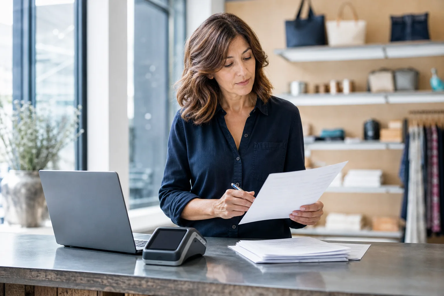 Store owner at the sales counter comparing a merchant processing statement against the card terminal