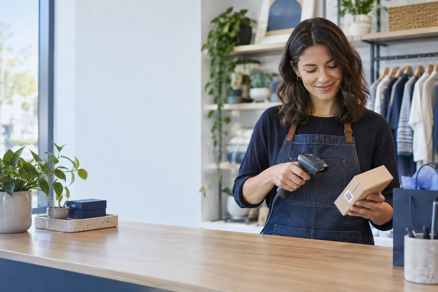Shop owner at a wooden checkout counter aiming a handheld barcode scanner at a small square 2D code on a plain kraft box