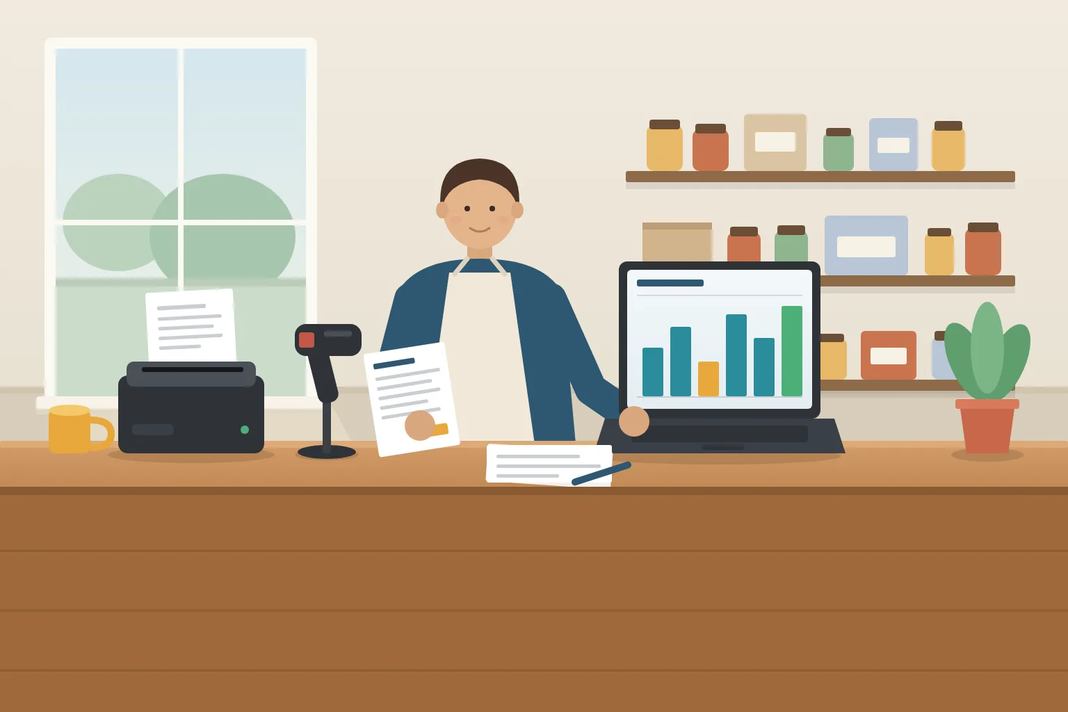 Shop owner reviewing paperwork and a laptop at a retail counter with a receipt printer and barcode scanner