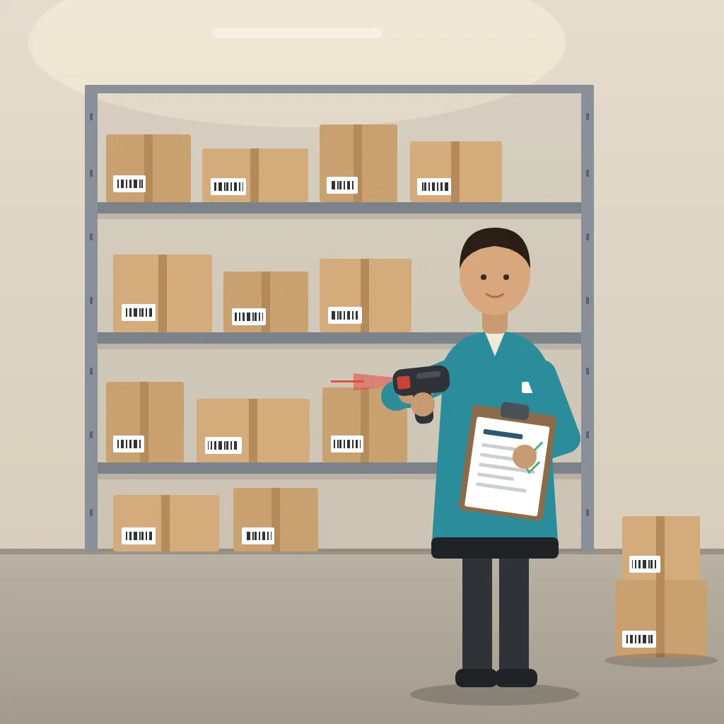 Employee counting boxed stock on a back room shelf with a clipboard and scanner