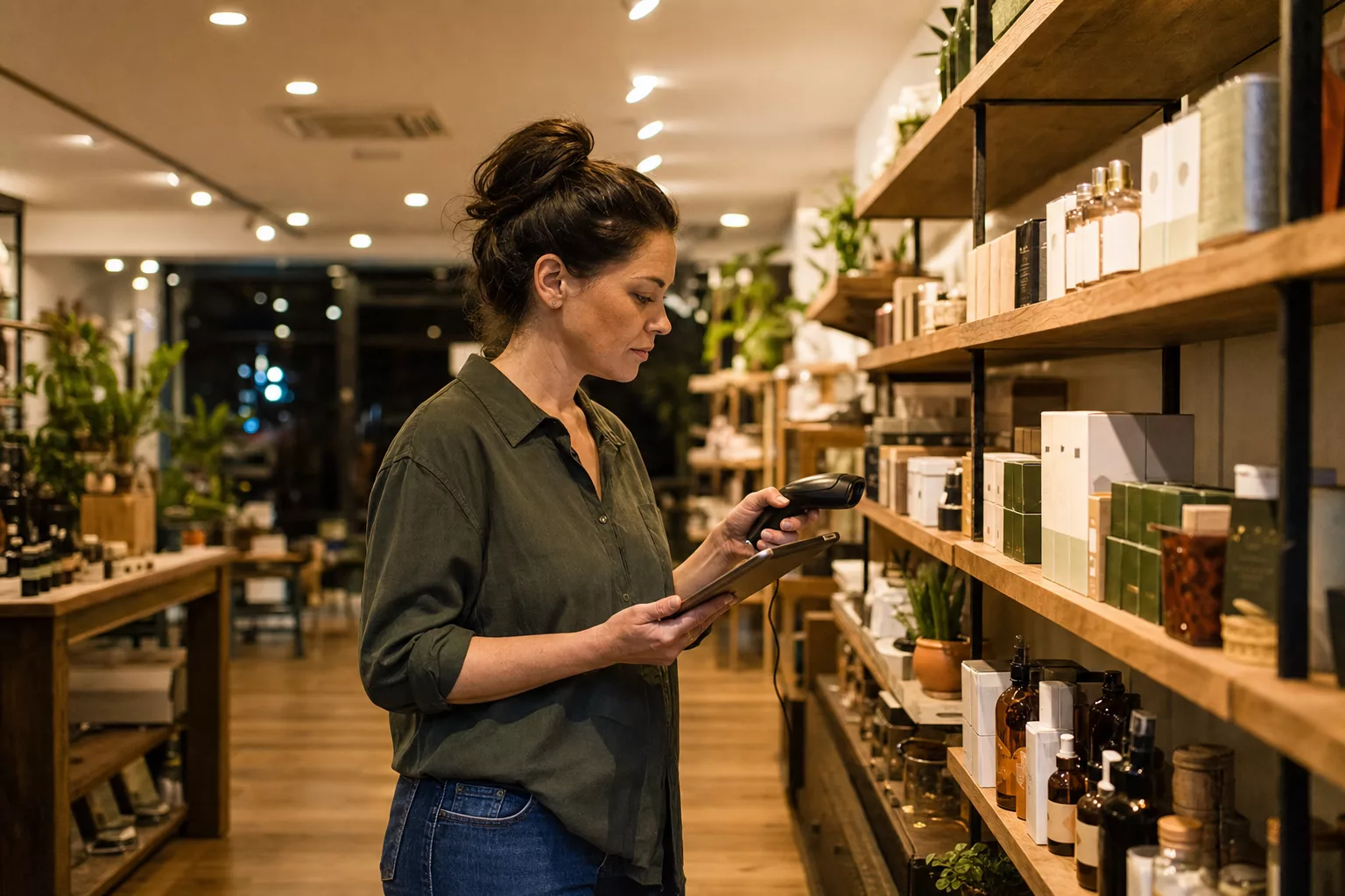 Shop owner counting stock on a shelf with a handheld barcode scanner after closing time