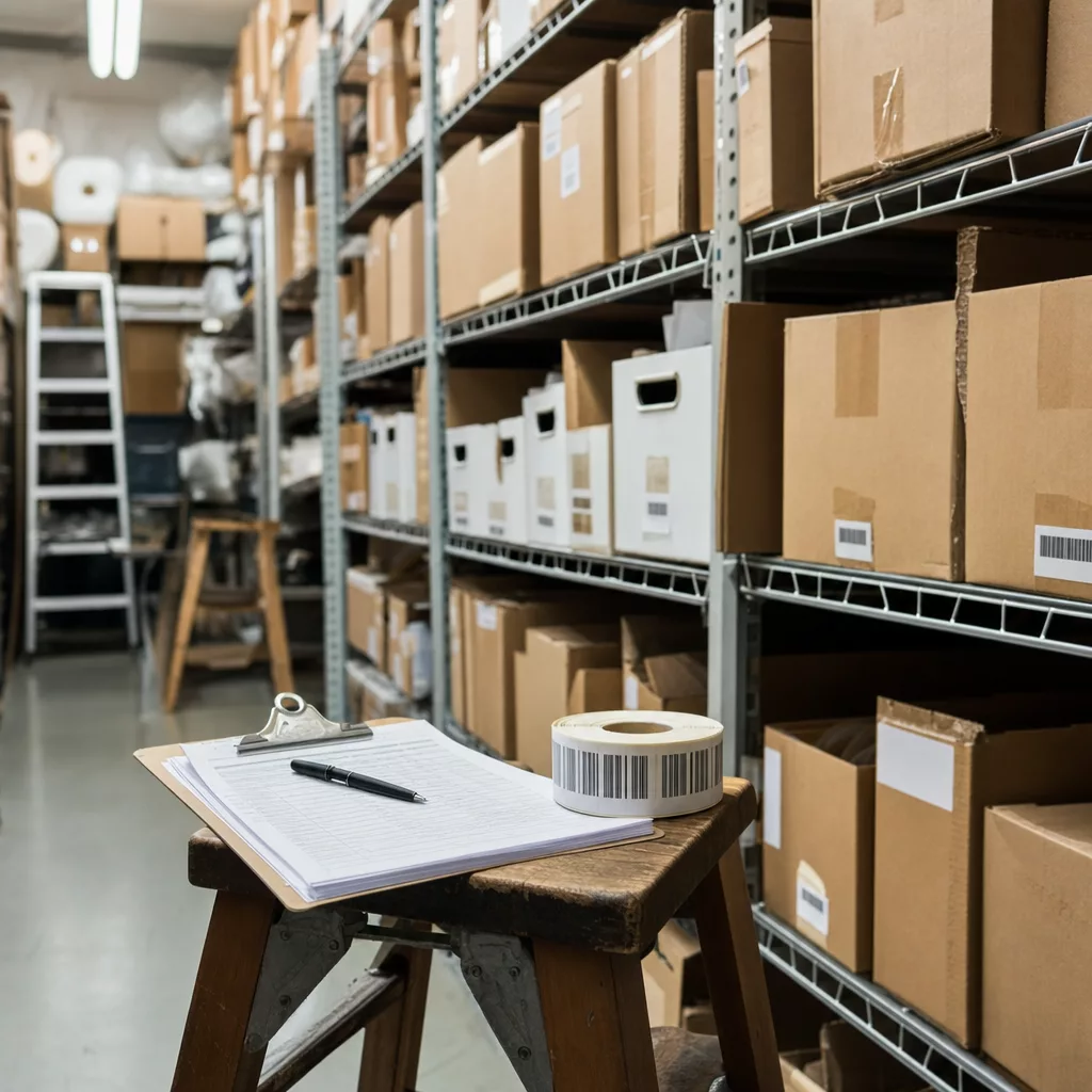 Stockroom shelves with tidy labelled boxes, a clipboard and printed count sheets resting on a step stool