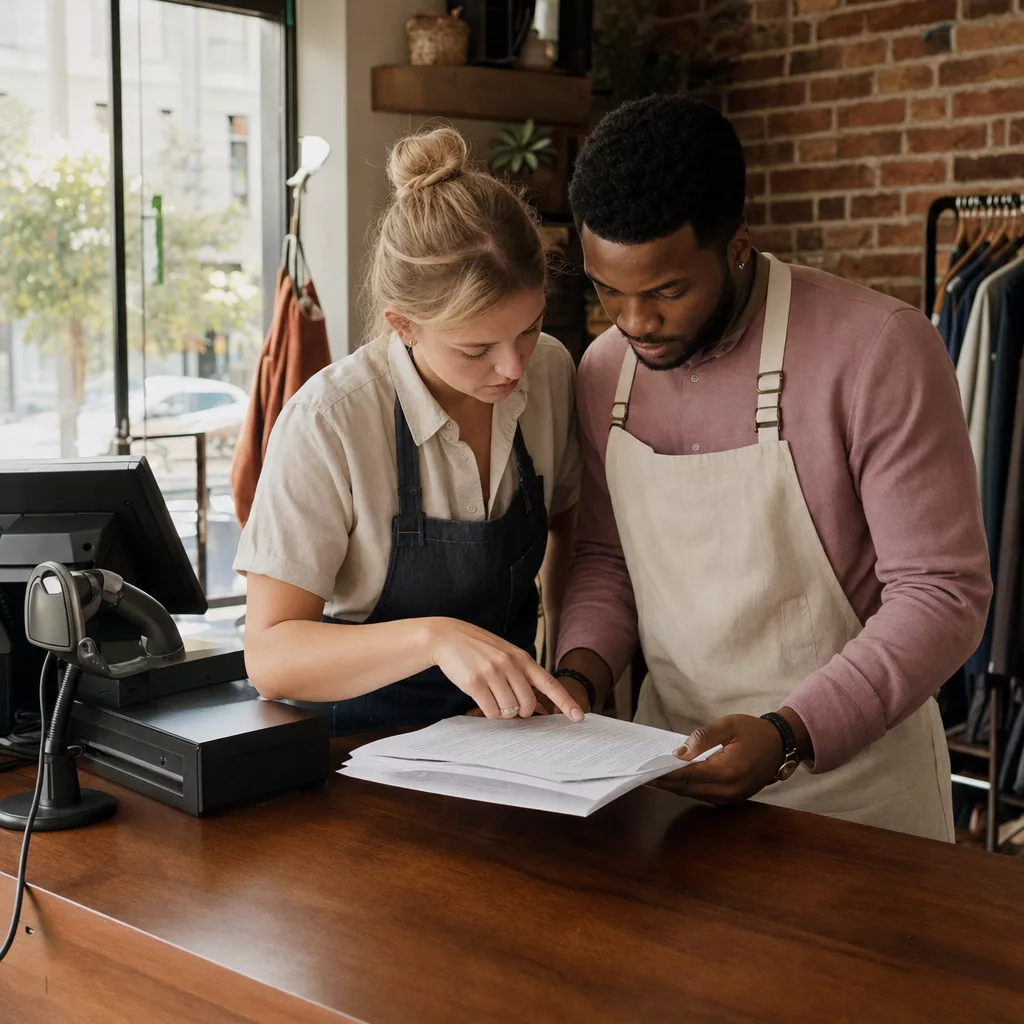 Two staff members at a shop counter reviewing count paperwork together beside a register and scanner