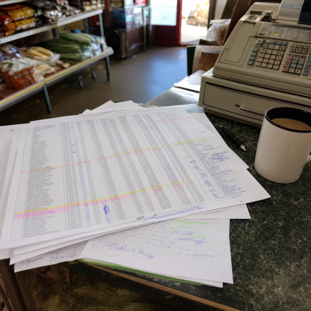 Printed spreadsheet pages spread across a shop counter beside an older cash register