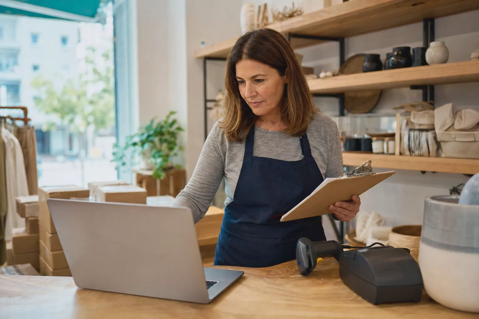 Shop owner at a retail counter checking a laptop and a printed inventory list next to a barcode scanner