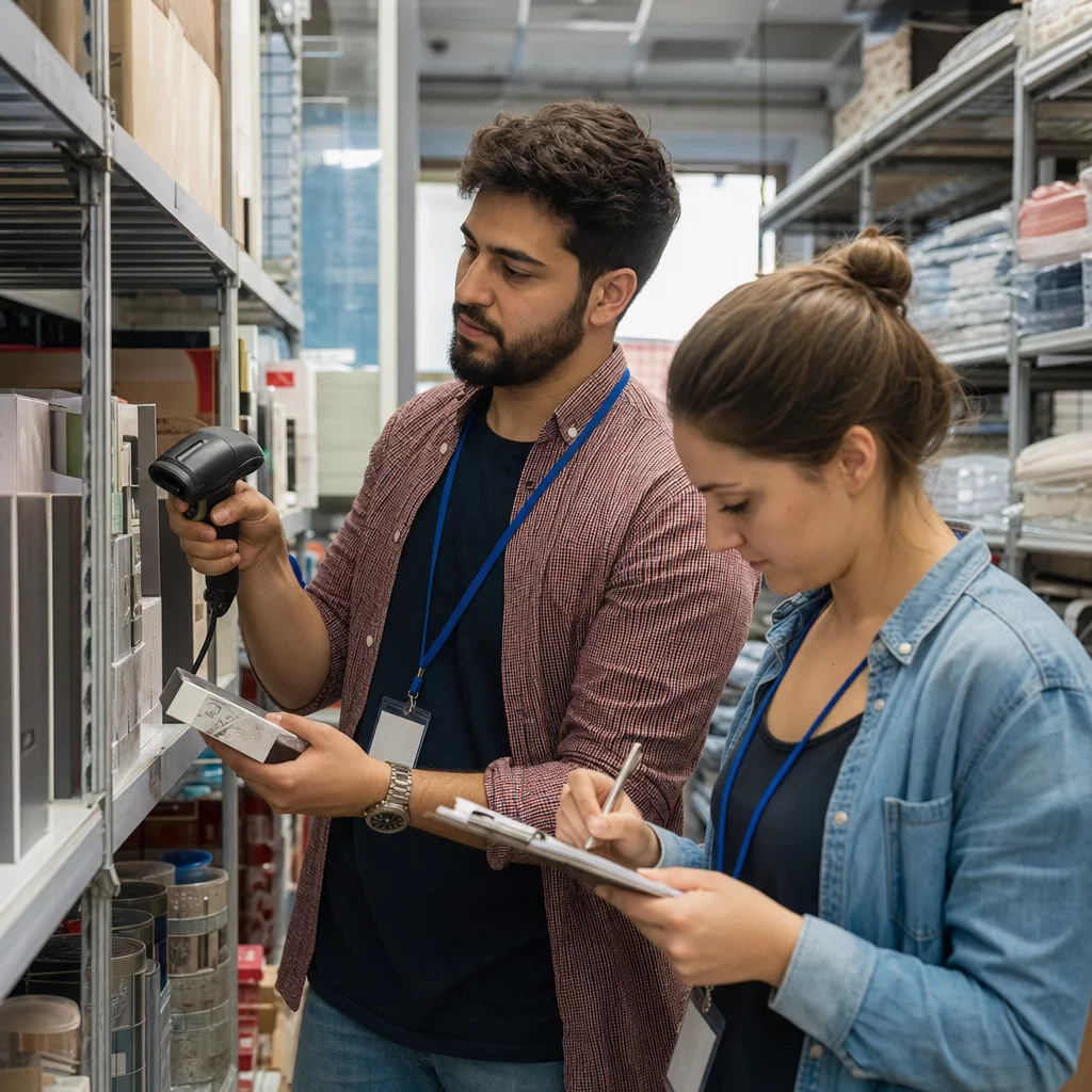Two retail employees counting products on a stockroom shelf, one scanning and one writing on a tally sheet
