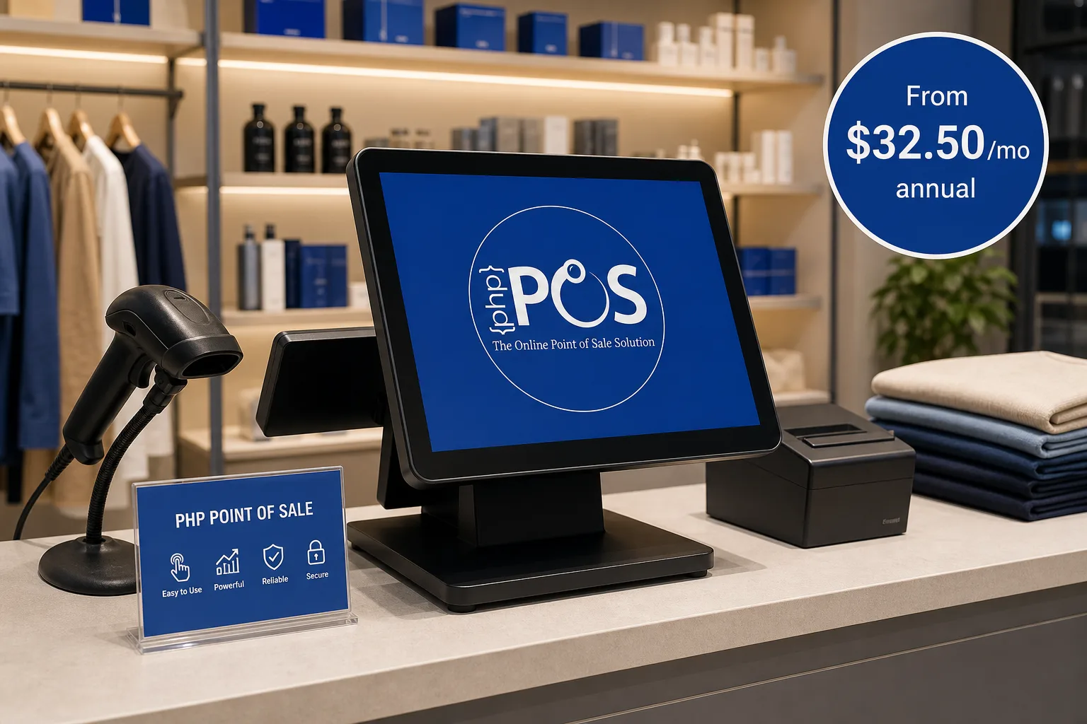 The image shows a retail counter setup equipped with a black touchscreen monitor displaying the PHP POS logo and tagline 'The Online Point of Sale Solution.' Next to the monitor is a barcode scanner and a receipt printer. A small promotional sign highlights the features of the PHP Point of Sale system, describing it as easy to use, powerful, reliable, and secure. A pricing badge indicates the cost starting from $32.50 per month on an annual plan. The background includes clothing racks and shelves with neatly arranged products, suggesting a retail store environment. This image serves as a professional representation of a modern point of sale solution using PHP technology suitable for retail operations.