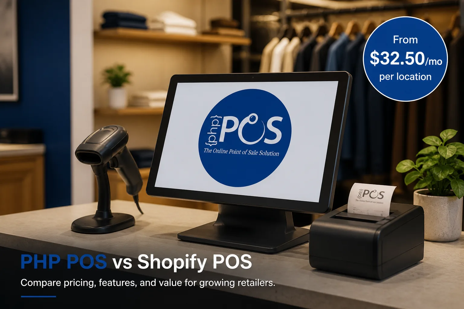 This image depicts a retail checkout counter equipped with a barcode scanner, a touchscreen monitor displaying the PHP POS logo and tagline, and a receipt printer. The visual highlights a pricing comparison advertisement for PHP POS against Shopify POS, emphasizing a subscription starting at $32.50 per month per location. It invites retailers to compare pricing, features, and value to choose the appropriate point of sale solution for their store. The setting, including clothing racks in the background, suggests usage in a fashion retail environment.