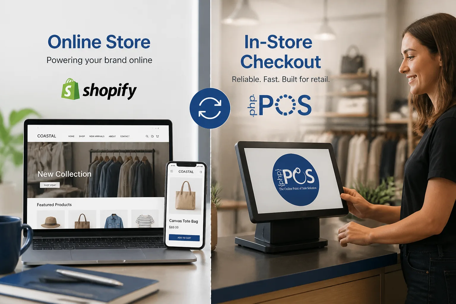 This image illustrates the integration between Shopify's online store platform and phpPOS, an in-store checkout system designed for retail. On the left side, there is a laptop and mobile phone showcasing a Shopify online store named COASTAL with product listings. On the right side, a woman operates a touchscreen POS device running phpPOS, highlighting the reliable and fast retail checkout solution. The central sync icon signifies seamless data synchronization between the online store and in-store checkout systems. This setup highlights a cohesive retail solution connecting e-commerce and physical store sales.