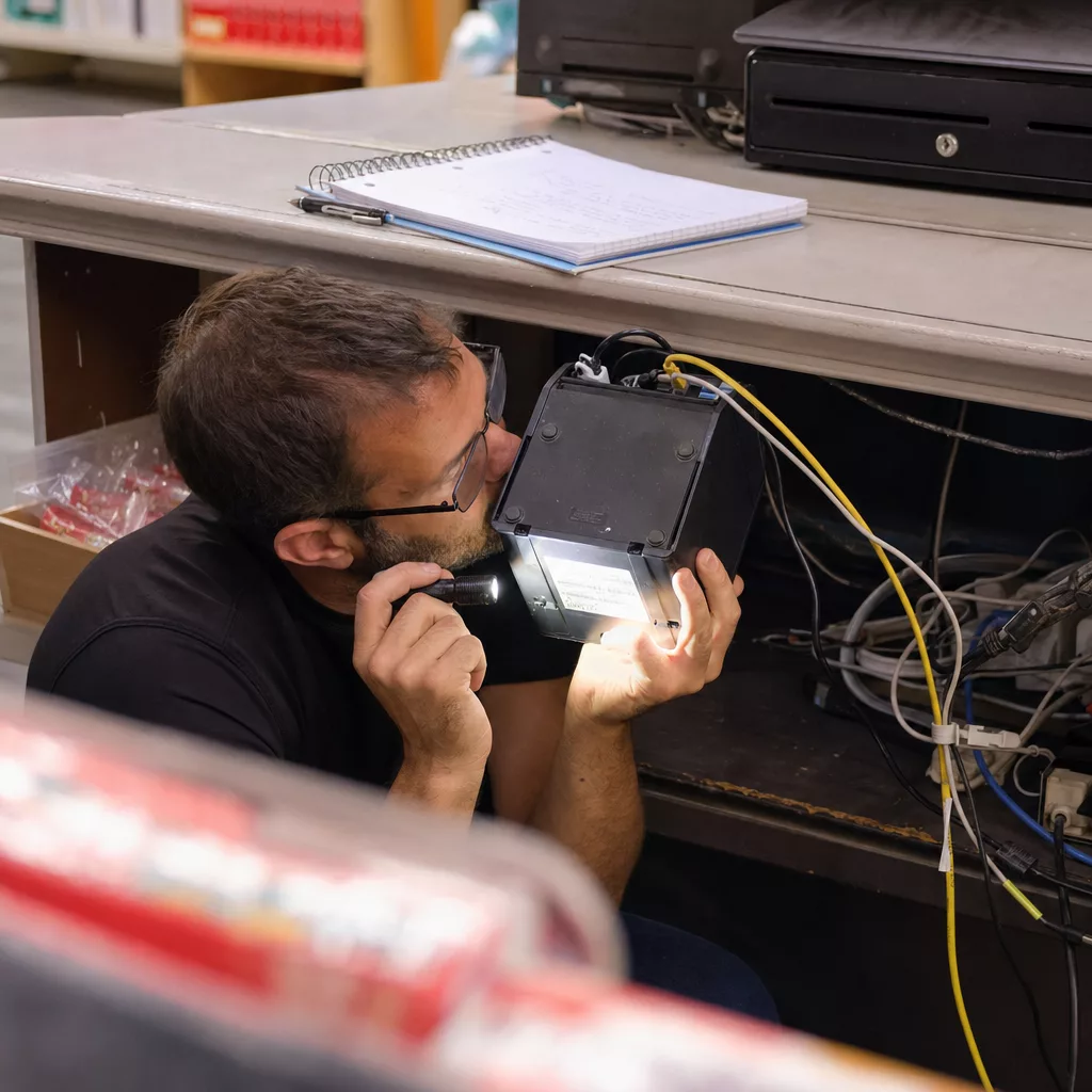 Retailer crouched behind a counter checking USB and Ethernet cables on the back of a receipt printer