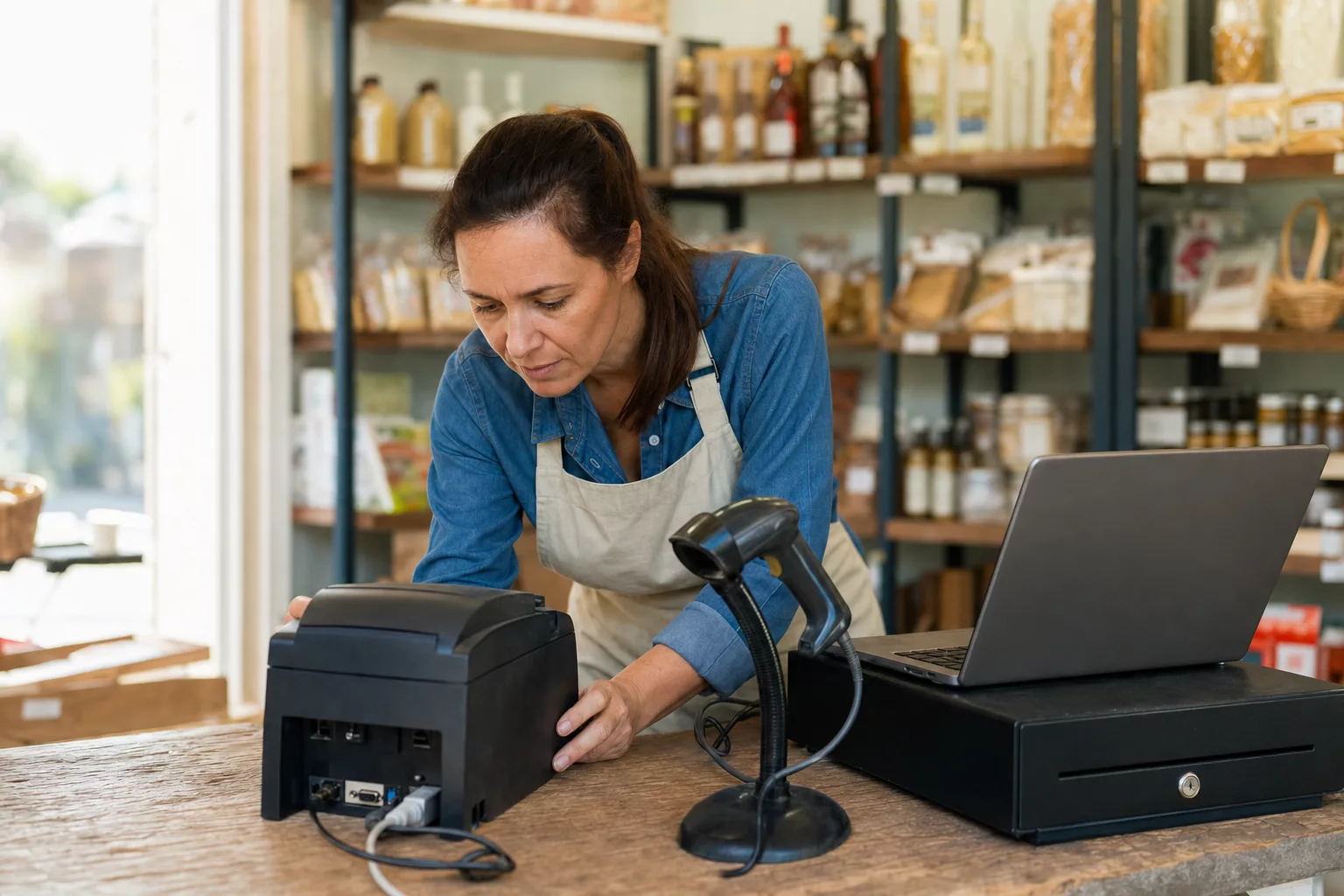 Shop owner at a retail counter with a thermal receipt printer, cash drawer and handheld barcode scanner