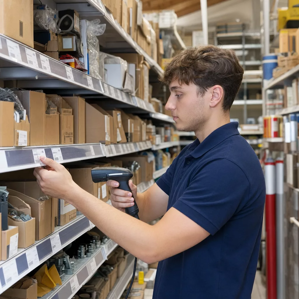Employee scanning shelf labels with a handheld barcode scanner during a stock count
