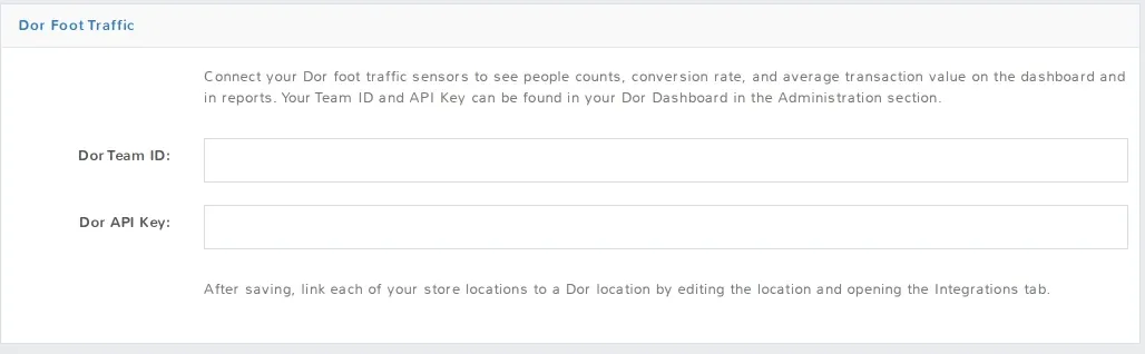 Store configuration screen showing the Dor Foot Traffic panel with Team ID and API key fields