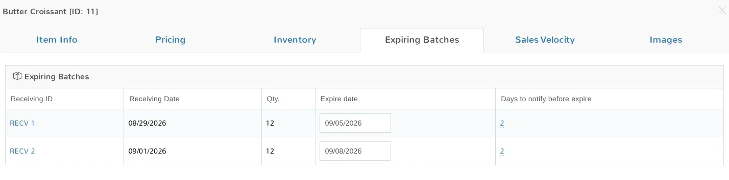 Item record open on an Expiring Batches tab listing two receiving batches with quantities, expiry dates and notice periods