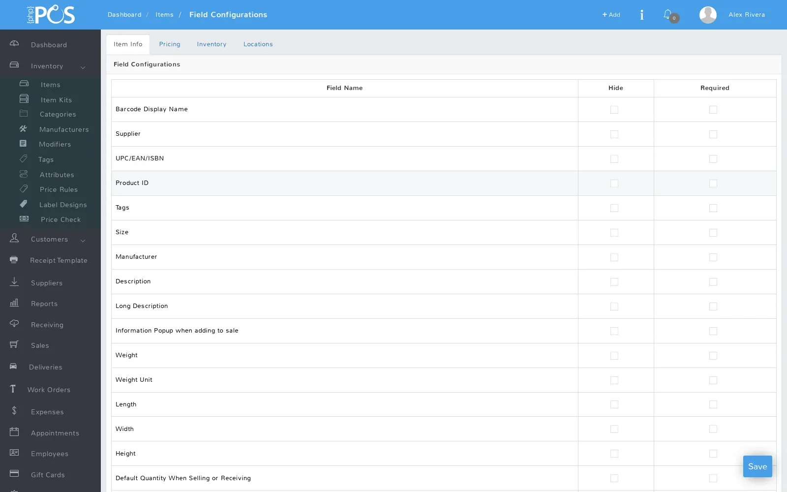 Field Configurations screen listing item fields, each with a Hide and a Required checkbox