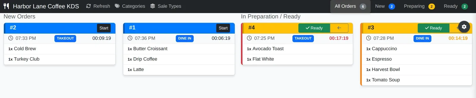 Kitchen display board showing four open orders tagged dine in and takeout, each with a running preparation timer