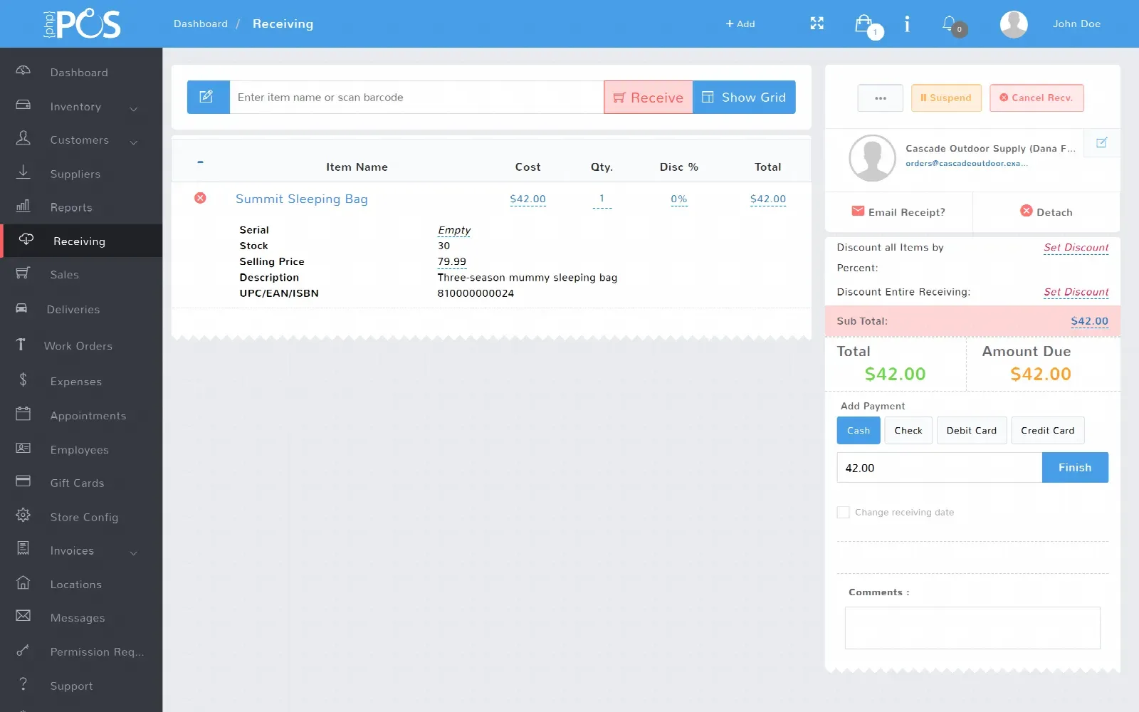 The receiving screen with a supplier selected and item lines showing cost price and quantity received