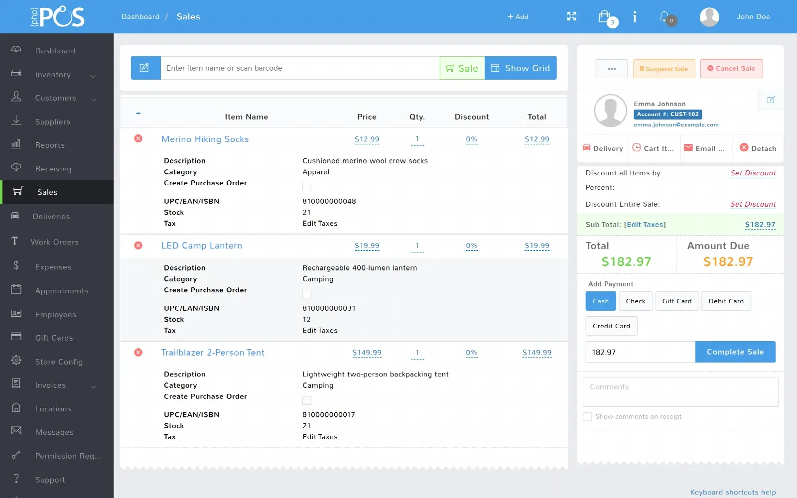 The sale screen with an item on the ticket, its stock and tax details, and the payment types beside the running total