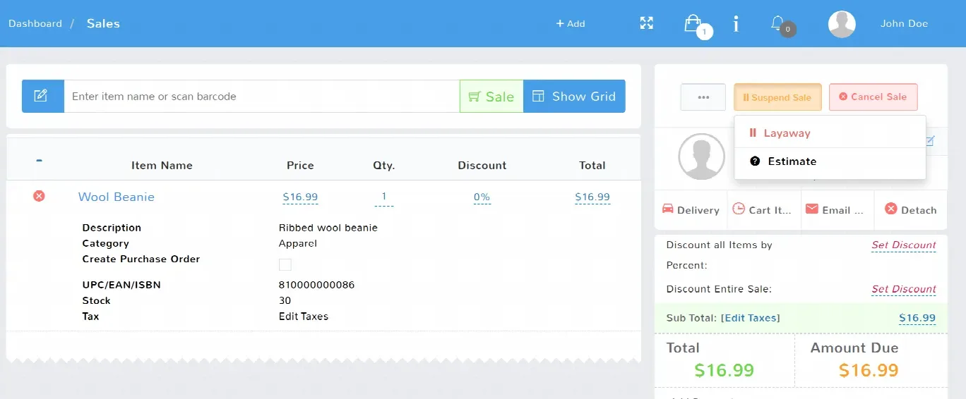 The classic sale screen with the Suspend Sale menu open, listing the store’s suspended sale types