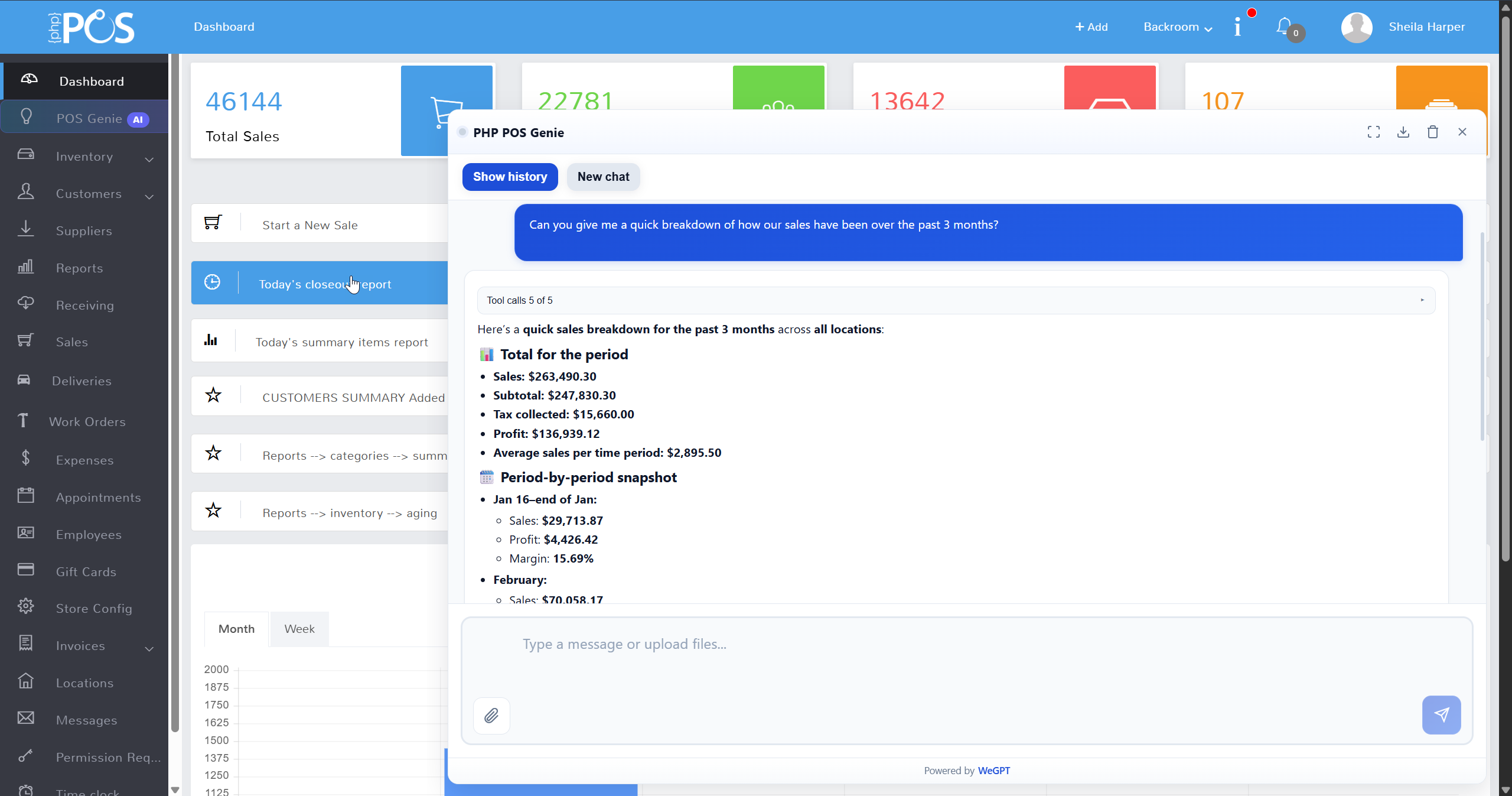 PHPPOS Genie conversational dashboard screenshot